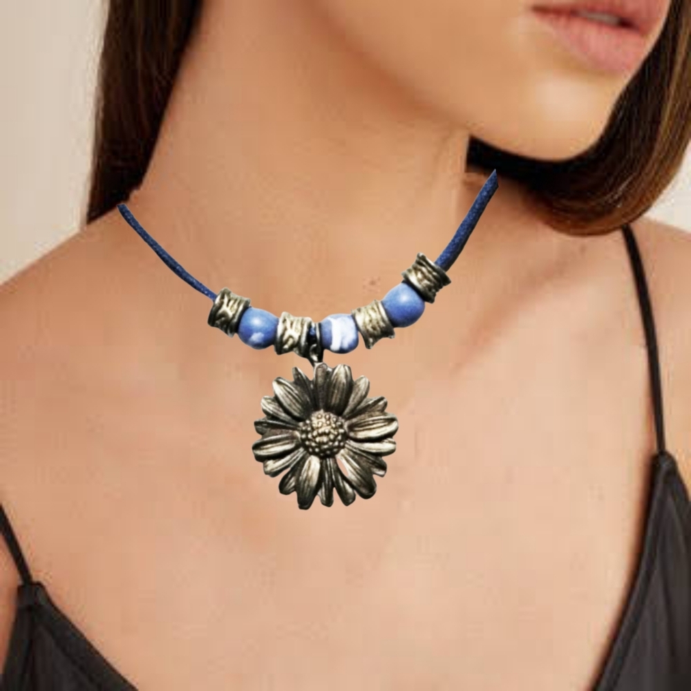 Daisy Flower Handmade  Choker with Blue Beads & Cord. NWOT